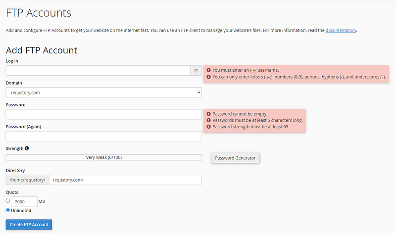 Screen to Add new FTP Accounts