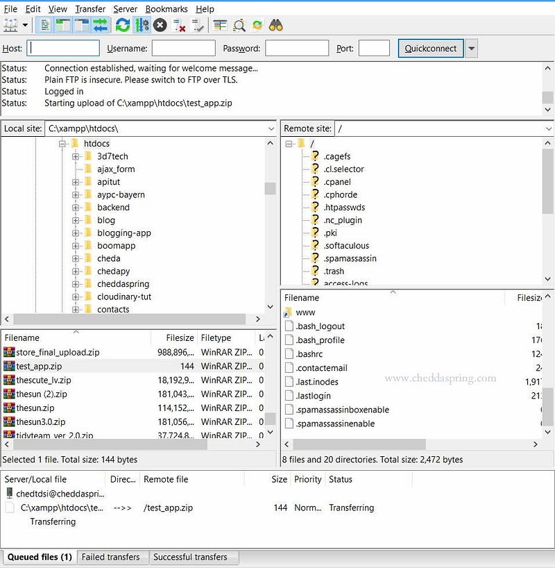 Uploading zipped files to cPanel via FileZilla FTP Client